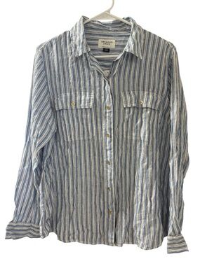 NWT American Eagle Oversized Fit White Blue Linen Stripes Button Down Size Small